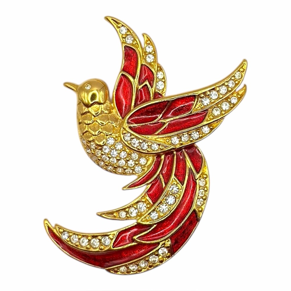 Vintage 90s Giorgio Bird Brooch Red Enamel Cubic Zirconias Gold Tone Plated Nwot - Picture 3 of 9